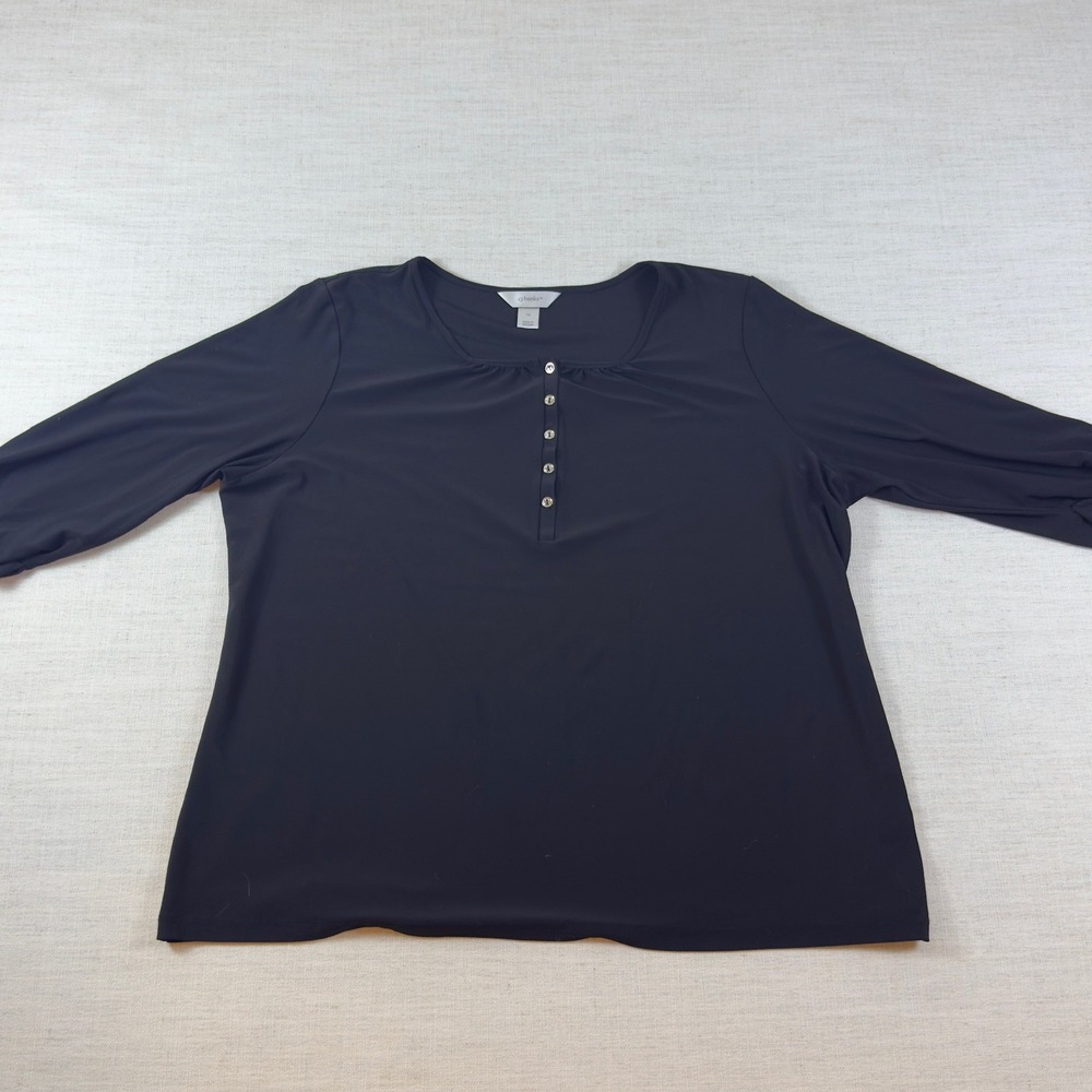 CJ Banks Womens 1X Black Henley Blouse 3/4 Sleeve Scoop Neck Pleated Top